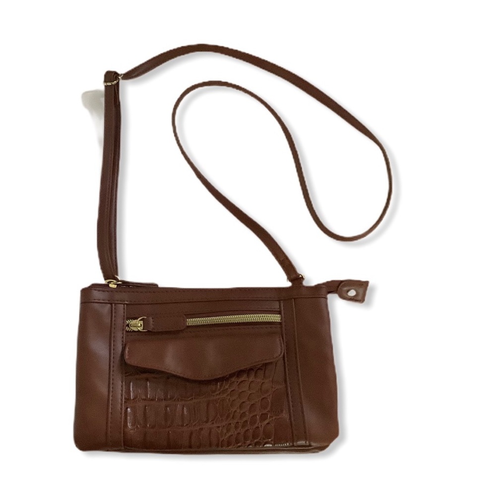Faux brown leather and faux croc crossbody bag front zipper and front pocket